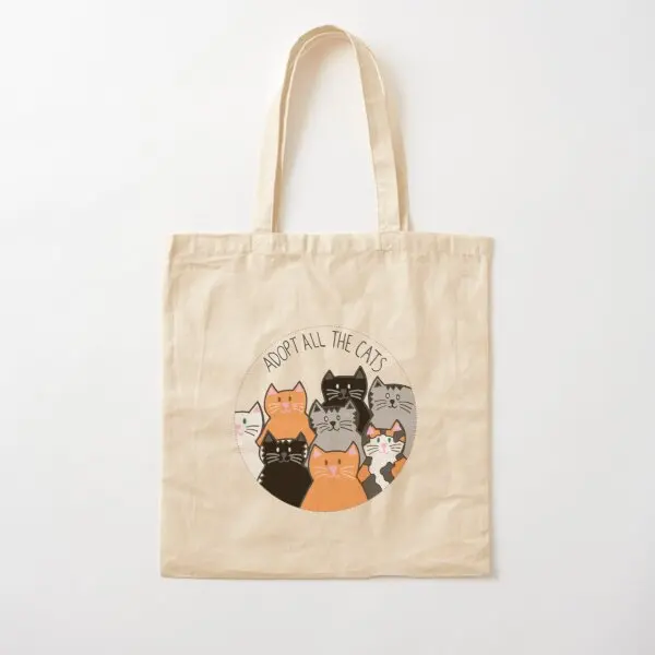 Adopt All The Cats Cotton  Canvas Bag Foldable Grocery Shopper Fabric Unisex Travel Printed Designer Tote Ladies Women