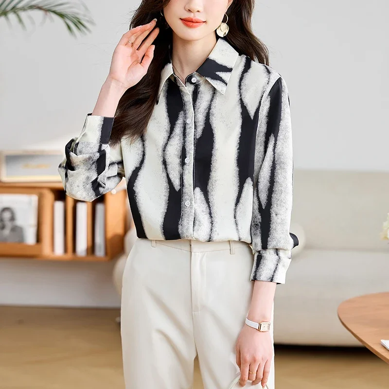 Vintage Women's Blouses Korean Version Shirts Striped Loose Spring/Summer Casual Clothing Printed Long Sleeve Women Tops