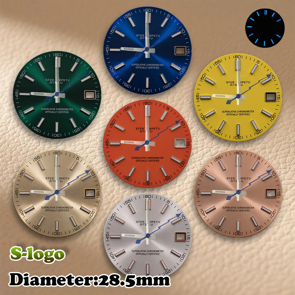 

28.5mm S Logo Sunray Journal Dial for NH35/NH36 Japanese Movement - BGW Blue Luminous | Watch Modification Accessories
