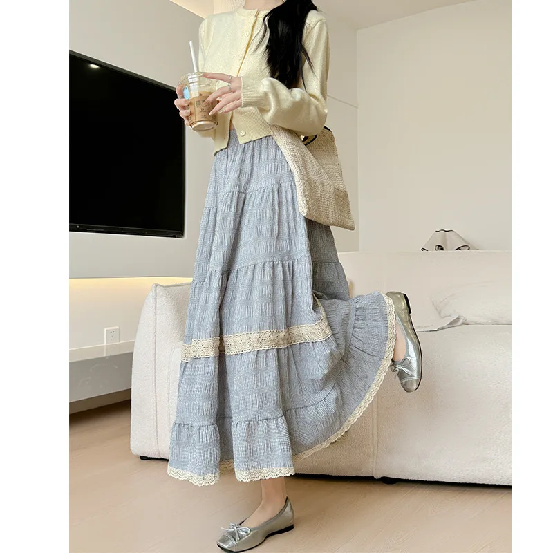 

Lace Lace Skirt for Women Spring New High-waisted A-line Drape Mid-length Skirt Thin-grid Tutu Cake Skirt