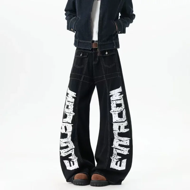 Streetwear Printed Jeans for Men Wide Leg Y2k Pants Women Black Denim Jeans Hip Pop Baggy Pants Fashion Men Clothing Unisex