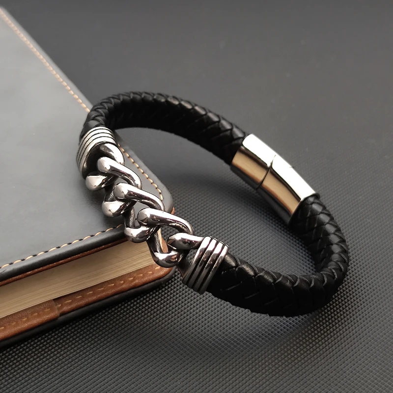 MingAo Luxury Chain Leather Braid Men Bracelet Stainless Steel Buckle Business Men\'s Bangles for Friend Partner Lovers Gift