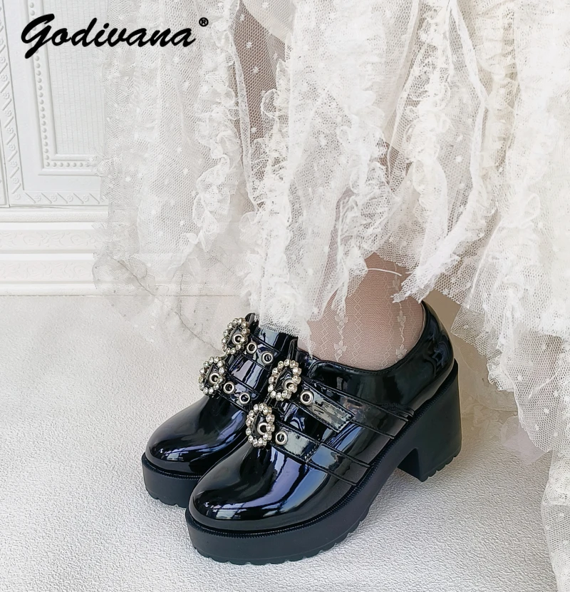 

Japanese Mine Students JK Uniform Shoes Rhinestone Patent Leather Muffin Shoes Chunky Heel High Heel Platform Shoes Women