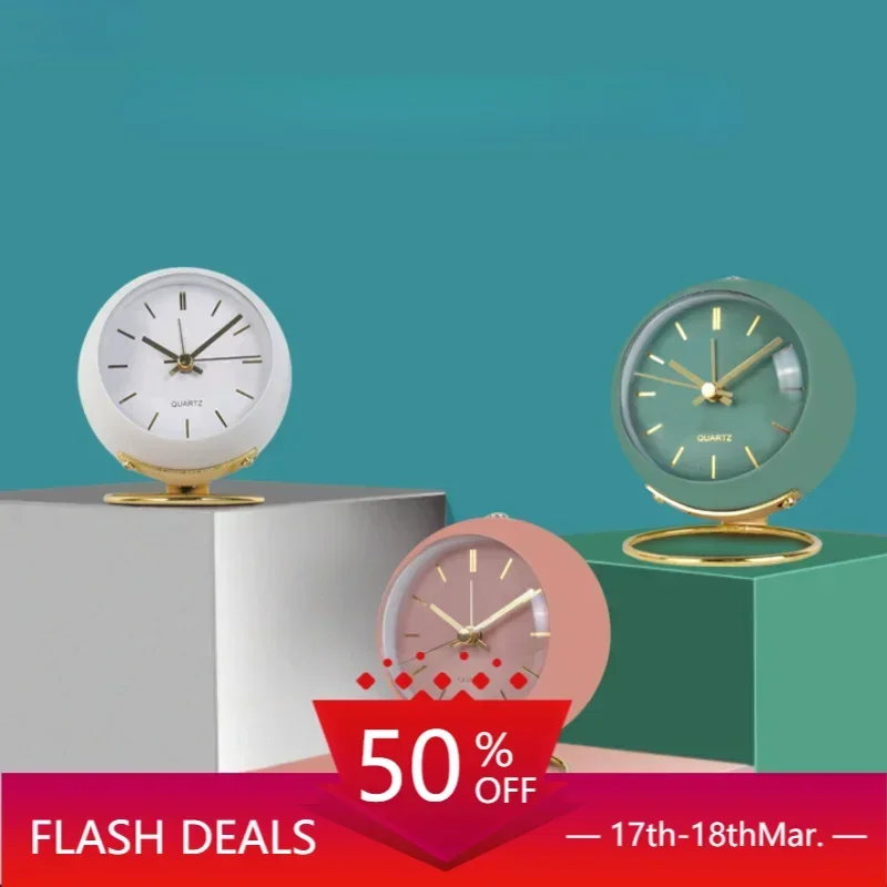 Nordic Creative Metal Alarm Clock Light Luxury Table Decor Luminous Bedside Silent Quartz Watch Students Wake Up Alarm Clocks