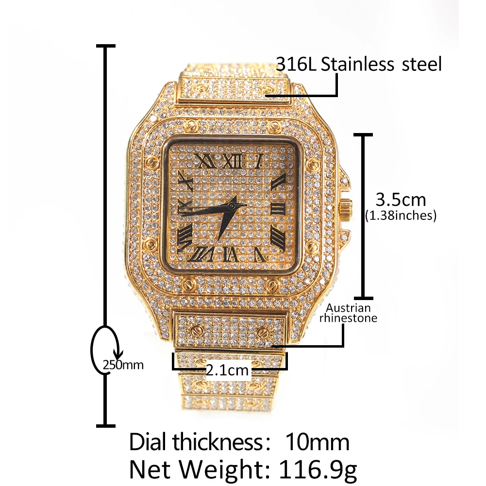 Uwin Square Full Iced Out Watches Men Stainless Steel Fashion Luxury Rhinestones Quartz Square Business Watch