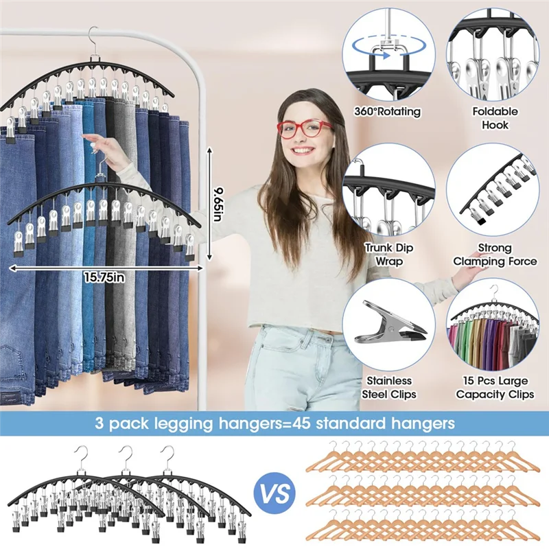Förderung! 3er-Pack Legging-Organizer zum Aufhängen am Schrank, Hosenbügel mit 15 Clips, für Hosenbügel, platzsparende Kleiderbügel