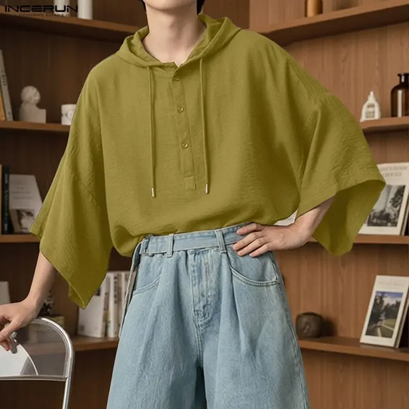 INCERUN Men's Shirt Solid Oversize Hooded Short Sleeve Men Clothes Tops Streetwear Summer Korean Style Casual Shirts For Man