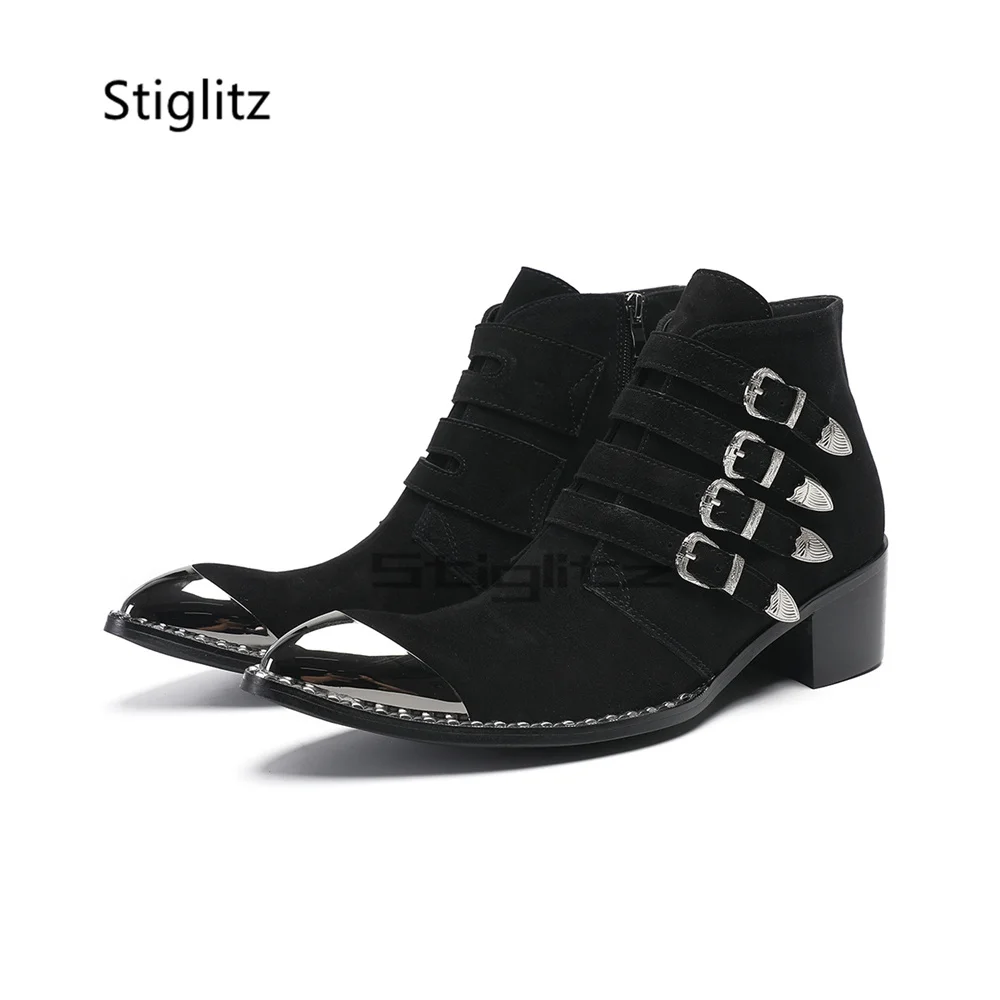 Multi Belt Buckle Suede Chelsea Boots for Men High Heels Metal Toe Side Zip Cowboy Ankle Boots Black Business Dress Shoes