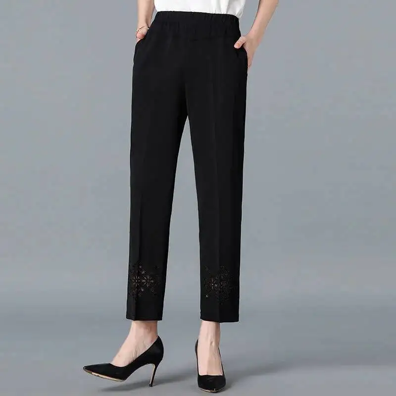 2025 Spring Summer Cropped Pants For Women Hollow Out Pantalon Femme Casual Solid Color High Waist Straight Trousers
