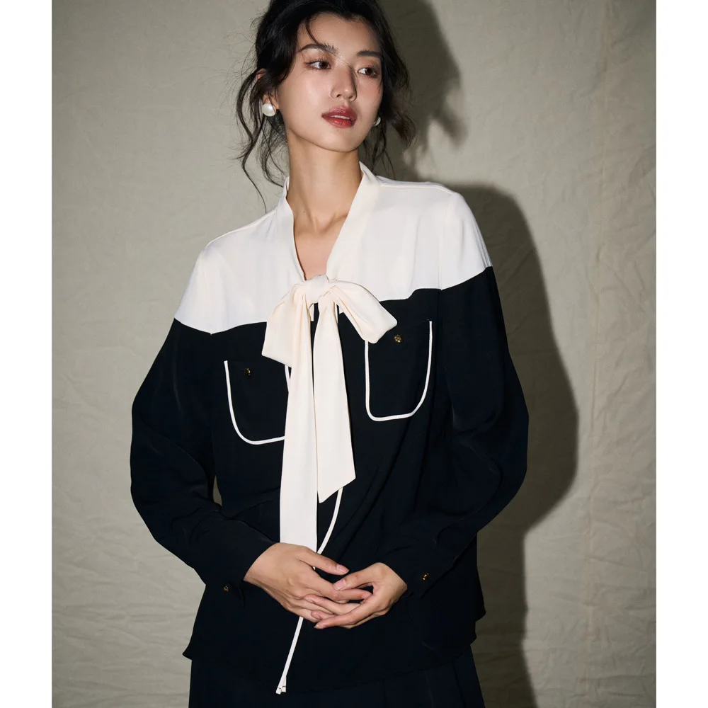 

Стильная женская рубашка с узлом и цветовыми блоками, весенняя новинка, ретро-стиль, черно-белая, свободного кроя, универсальная, с длинным рукавом, из полиэстера