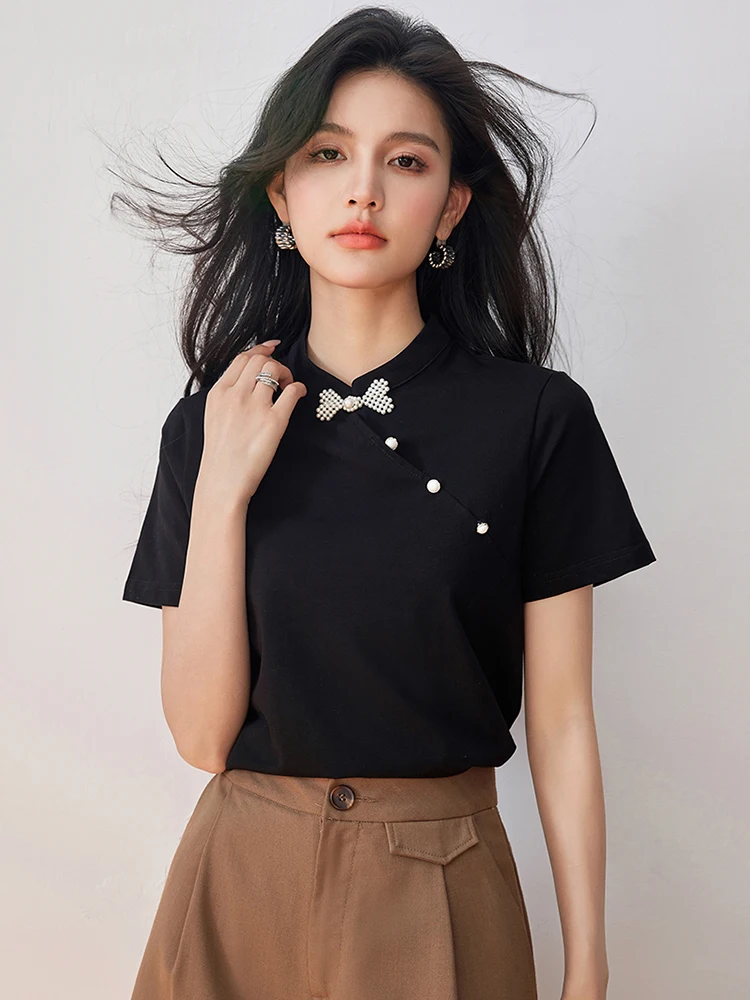 2024 Retro New Chinese Style Plate Buckle Stand-up Collar Top t-shirt Slim a maniche corte estate donna nuovo Casual Versatile