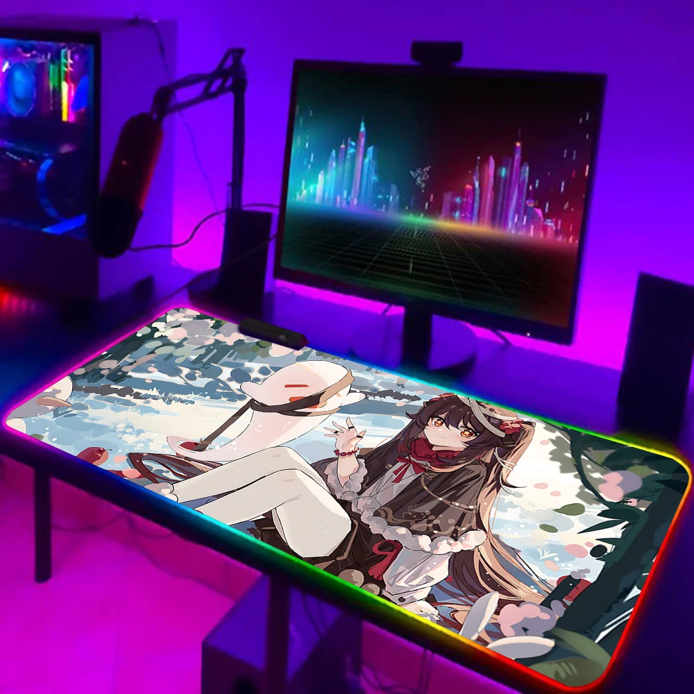 

Hu Tao Genshin Impact RGB Pc Gamer Keyboard Mouse Pad Mousepad LED Glowing Mouse Mats Rubber Gaming Computer Mausepad