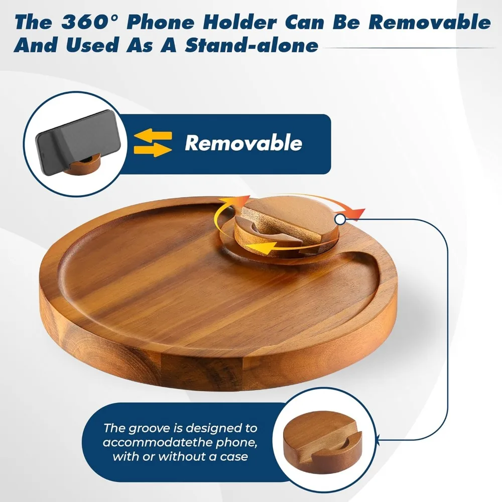 Acacia Wood Rotating Phone Holder Side Table with Weighted Base, Compact Drink Table for Small Spaces