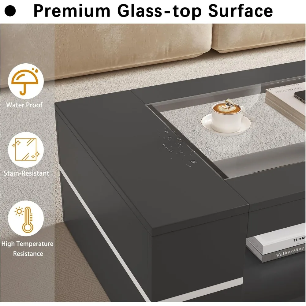 47.2" Modern Stylish Coffee Table with Glass Table Top, Large Living Room Table Rectangular 2-Tier Center Tables with Storage