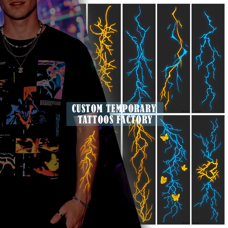Waterproof Fluorescent Lightning Bolt Water Transfer Temporary Tattoos, Neon Body Art Stickers for Festival Rave Party