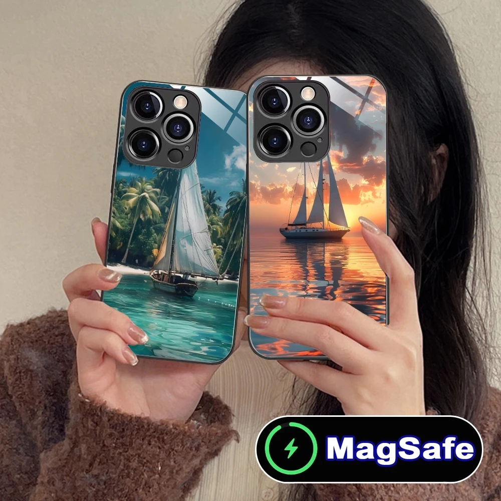 Casing ponsel lukisan perahu layar untuk iPhone 16 15 14 13 12 11 Pro Max Plus penutup kaca pengisi daya nirkabel MagSafe Mini