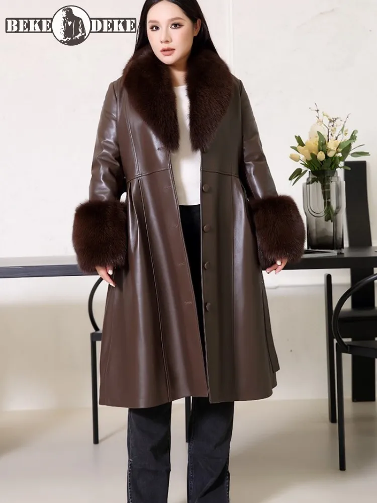 Luxury Women Genuine Leather Long Jacket Office Ladies Elegant Fashion Fox Fur Collar Slim Fit Single Breasted Trench Overcoat