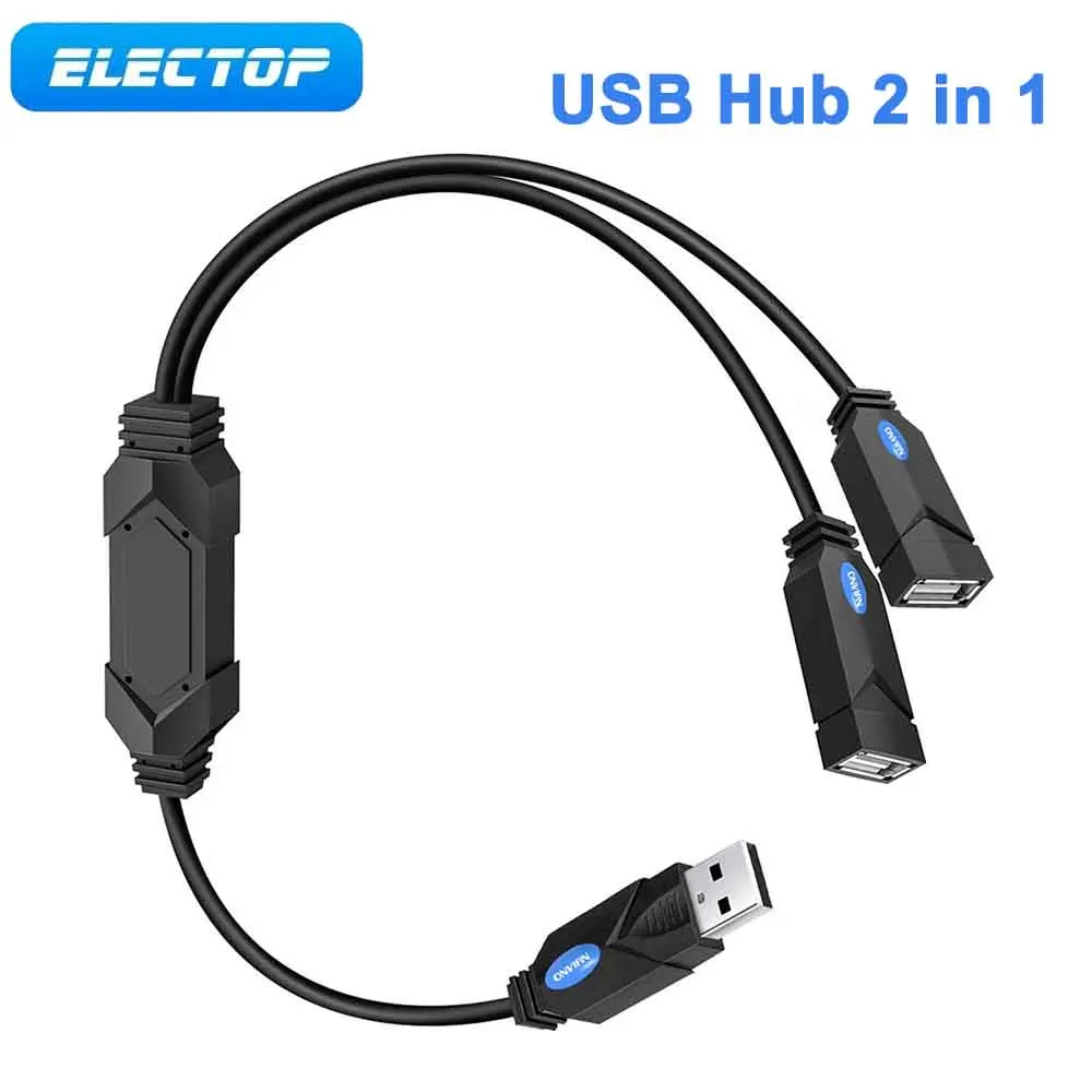 ELECTOP USB Hub 1 Male to 2 Female Adapter USB 2.0 Hub Splitter Aluminum Extension Data Cable for Laptop Car USB Power