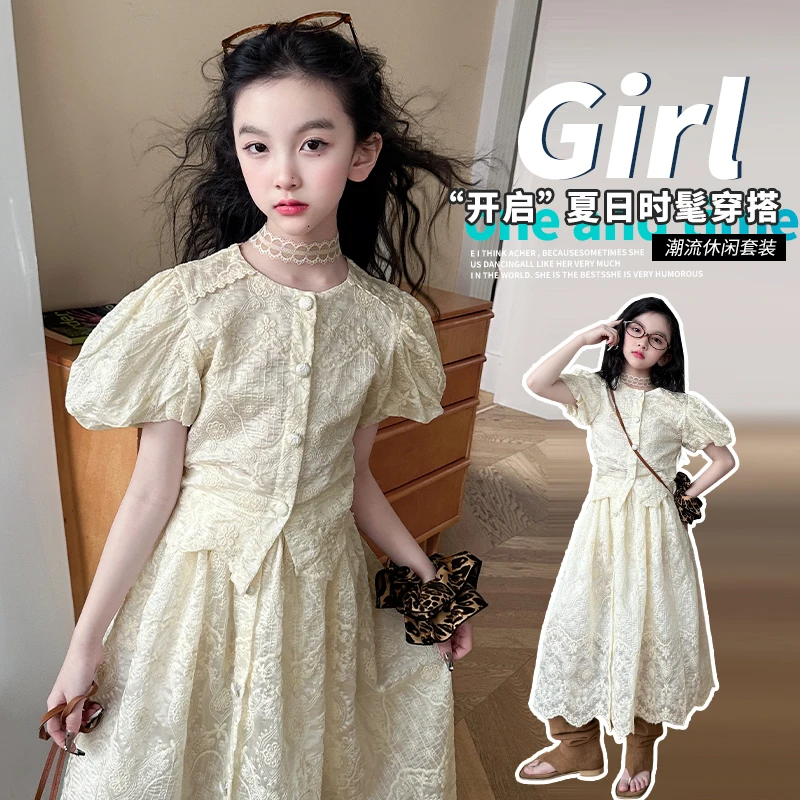 Girls 2-Pieces Clothes Dress Suit Princess Summer Short Sleeve Flower Embroidery Lace Shirt A Line Midi Skirt France Style Set