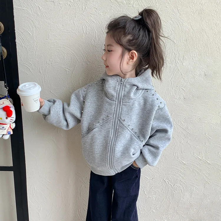 

Girls' Gray Zip - Up Sweatshirt, High - Neck Casual Pullover, Casual Kids' Jacket for Autumn And Winter, Fashionable Outerwear