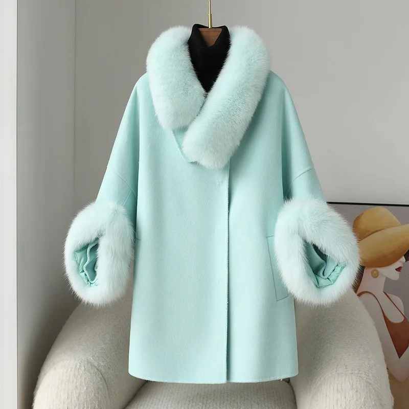 

Women Double-sided Tweed Wool Coat Fox Fur Collar and Cuff Coat Cape Loose Female Cashmere Winter Jacket Parka JT458