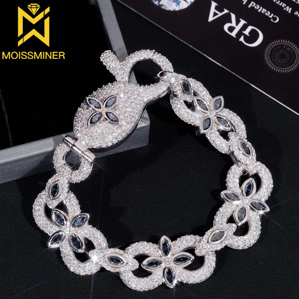 16mm Moissanite Bracelets 8 Chain Flower S925 For Women Iced Out Chain Hip Hop Jewelry Pass Diamonds Tester GRA Free Shippingi