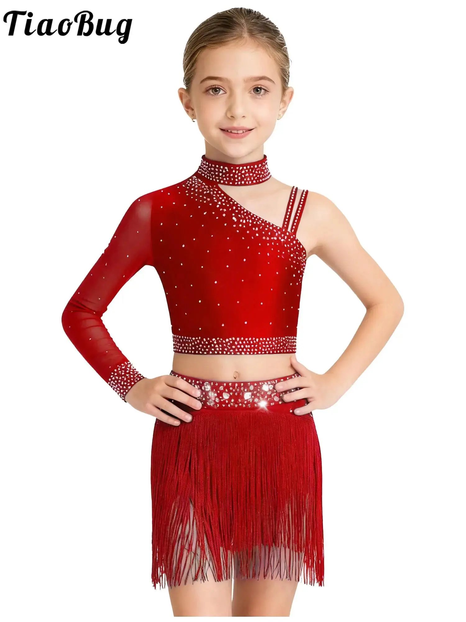 

Kids Girls Latin Tango Salsa Dance Performance Costume Outfits Unique Shoulder Sparkly Rhinestones Crop Top with Fringe Skirted