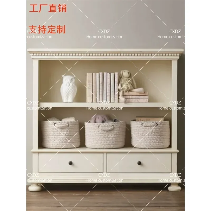 American Rural Simple Solid Wood Bookcase French Retro Ivory White Engraved European Children Wardrobe Locker Storage Cabinet