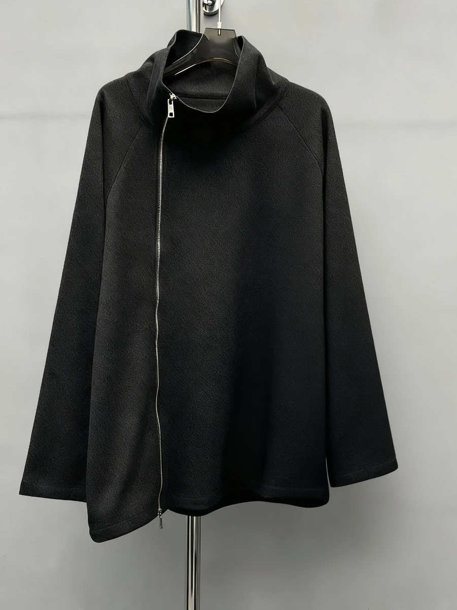 GALCAUR الصلبة تقسم سستة البلوز الإناث الوقوف طوق كم طويل فضفاض الشارع الشهير المرأة بلوزات الخريف الموضة