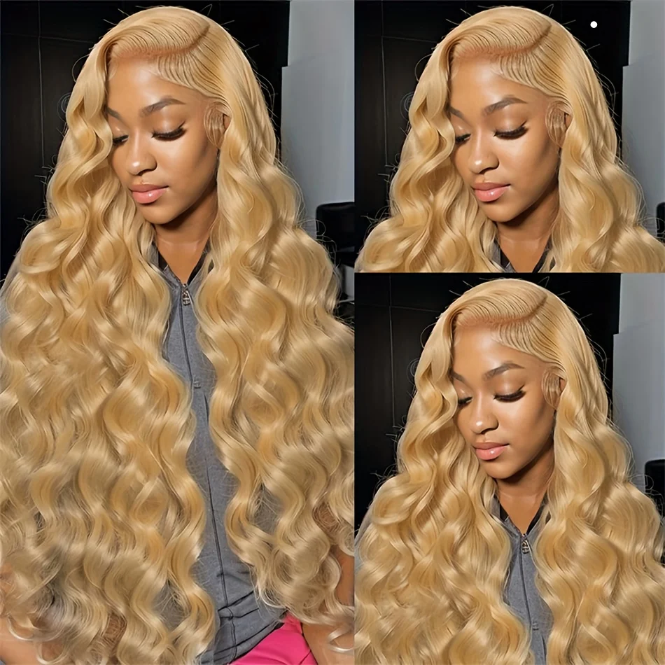 32 Inch Honey Blonde Wig Human Hair Wig 13x6 Transparent Lace Frontal Wigs Pre Plucked Body Wave Wig 200% Density #27 Colored
