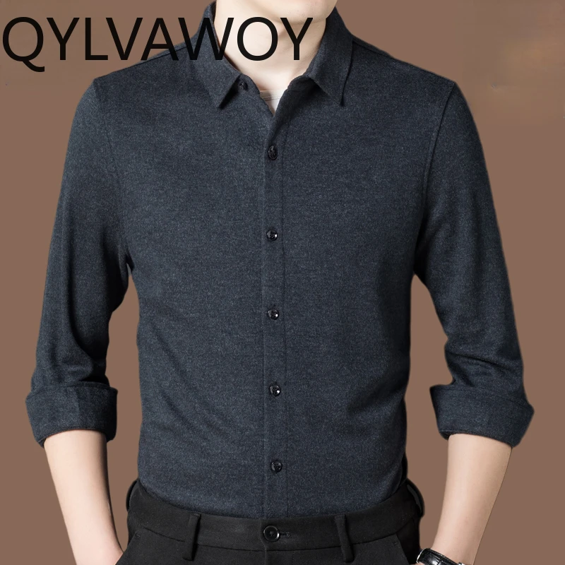 

QYLVAWOY 100% Cashmere Mens Shirts Autumn Winter Long Sleeve Top 2024 Business Casual Shirt Men Clothes Thickened Chemise Homme