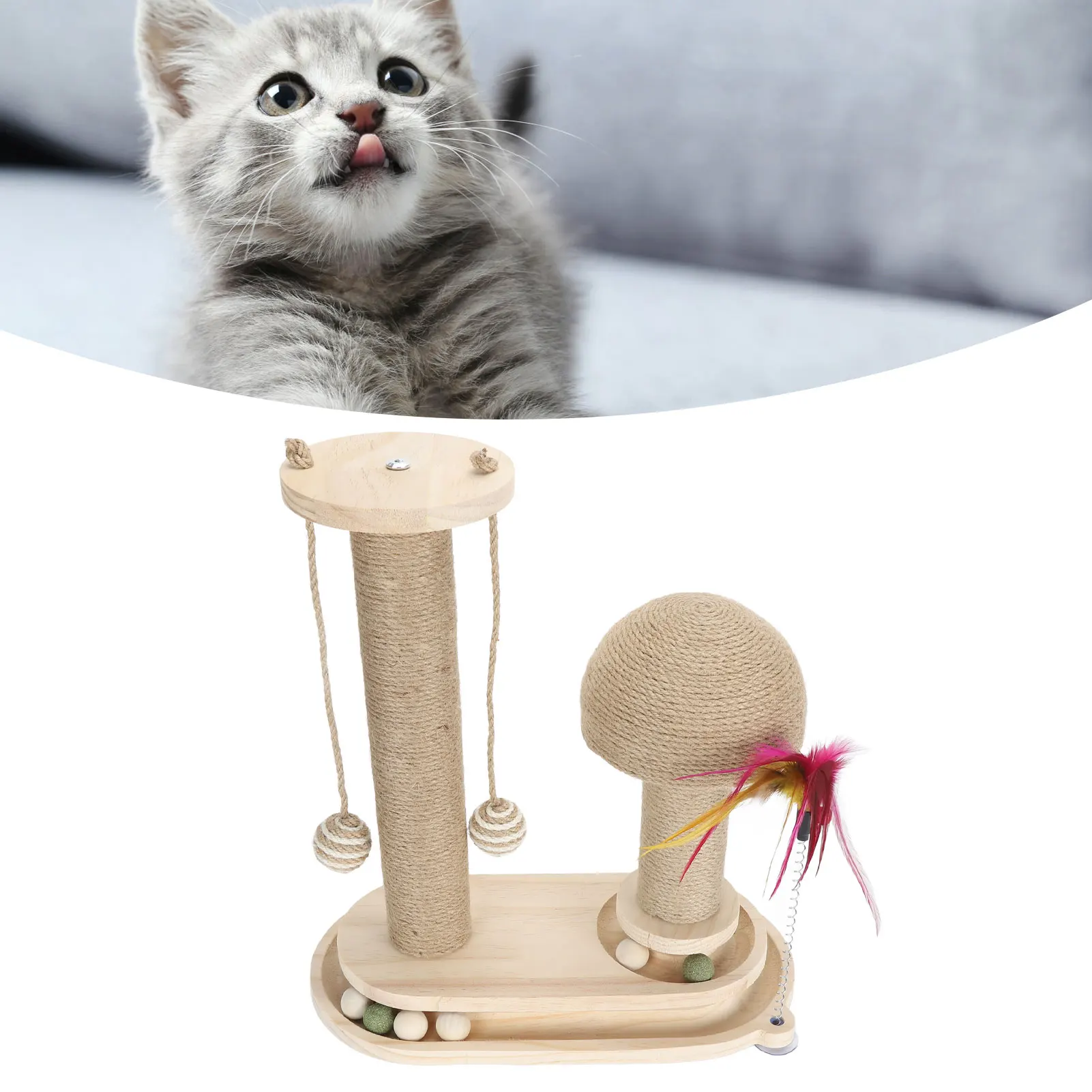 Cat Scratching Post 2 Layer Ball Track Interactive Tall Kitten Scratcher With Teasing Wand For Indoor Cats Oval Turntable