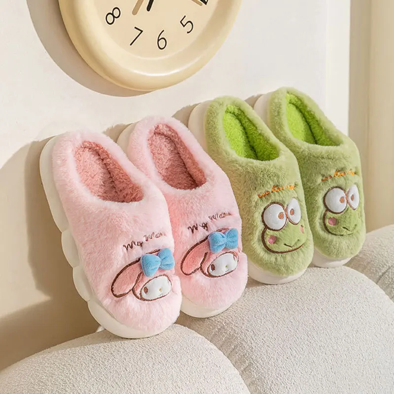 Kawaii Sanrios Plush Slippers Anime Keroppi Kuromi Cinnamoroll My Melody Autumn Winter Soft Sole Slippers Cute Home Shoes Gifts