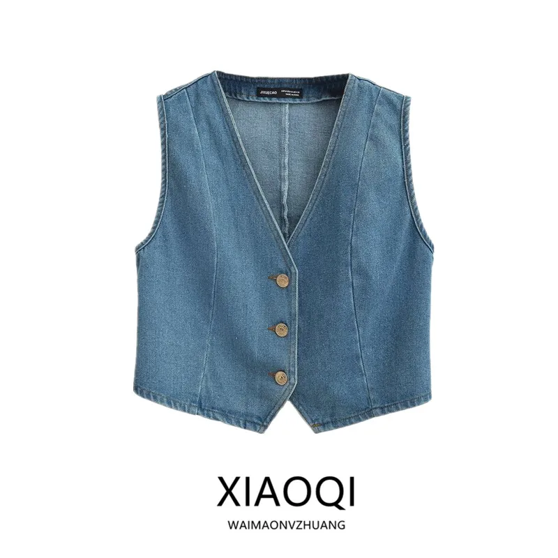 

Весна 2024, женский дизайнерский утягивающий универсальный джинсовый жилет, модный V-образный вырез, застежка на одной пуговице, другой материал 00%