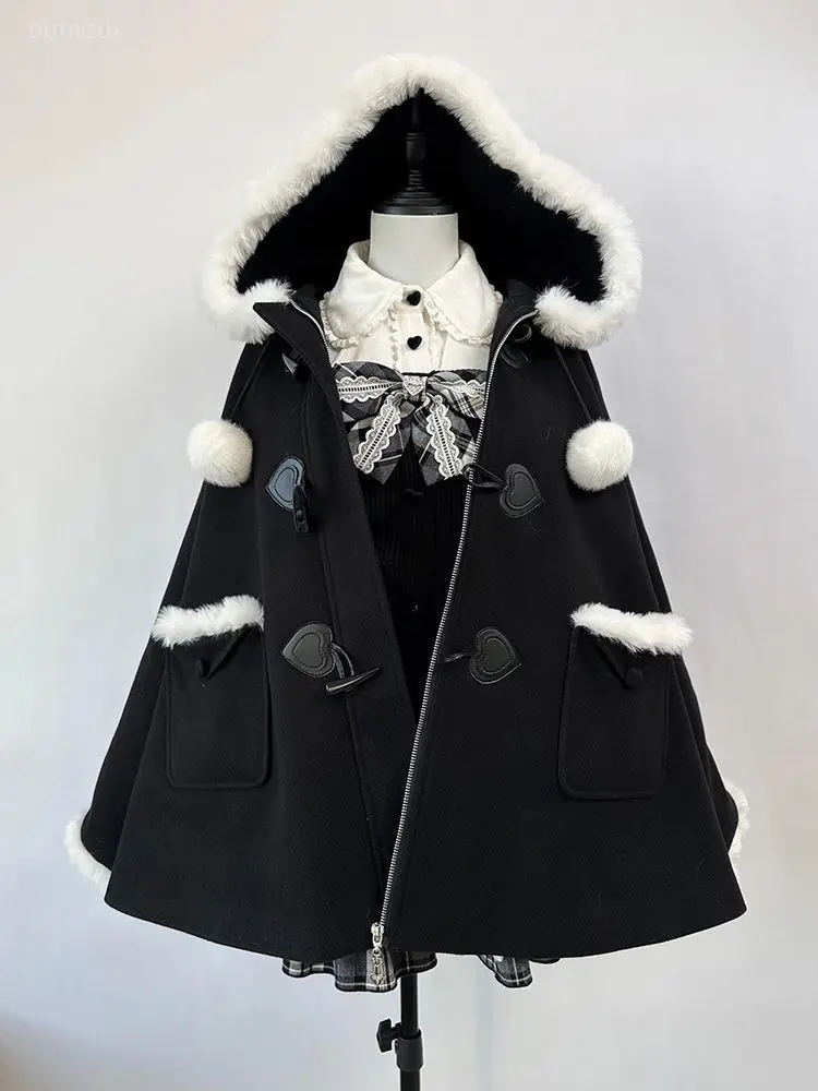 Japanese Gothic Dark Academia Jacket Autumn Hooded Subcultural Jackets Y2k Woolen Coat Winter Clothes Women Long Chaquetas