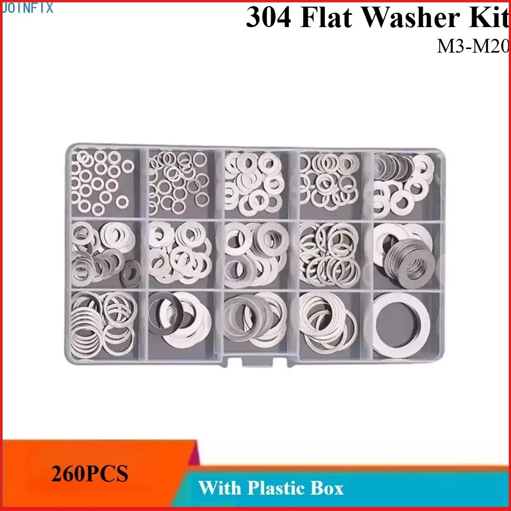 

260Pcs Screw Cap Flat Washer Kit with Plastic Box 304 Stainless Steel M3-M20