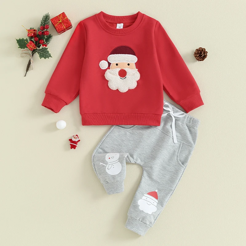 2023-10-23 Lioraitiin Toddler Boys Christmas Outfits Santa/Elk Fuzzy Embroidery Long Sleeve Sweatshirts+Long Pants Clothes Set