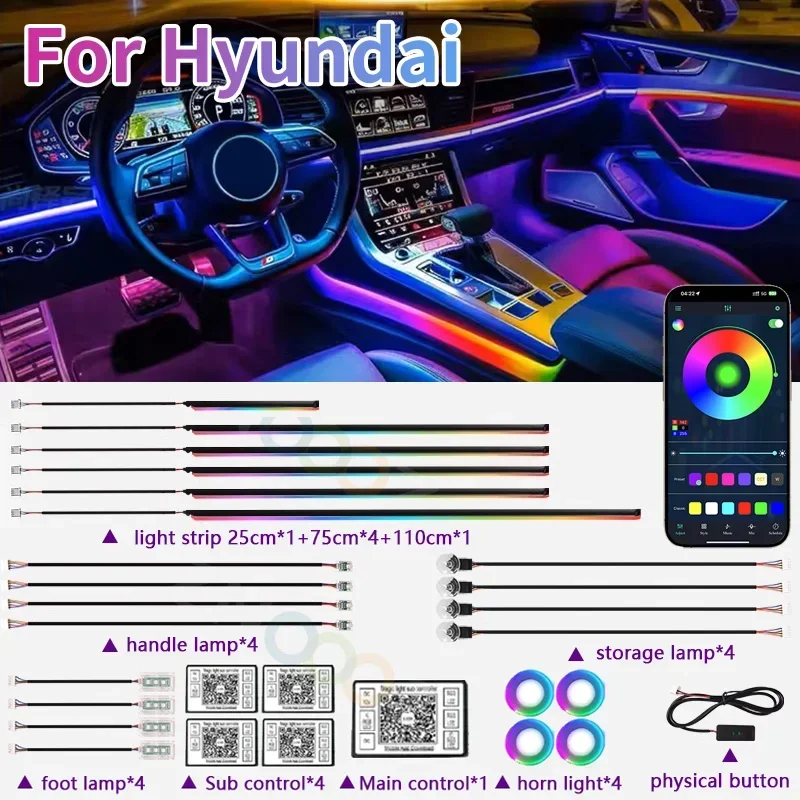 RGB 22in1 Car Interior Acrylic Car Ambient Lights For Hyundai Mistra HB20 SANTA FE IX35 IX45 Accent I40 Solaris Car Accessories