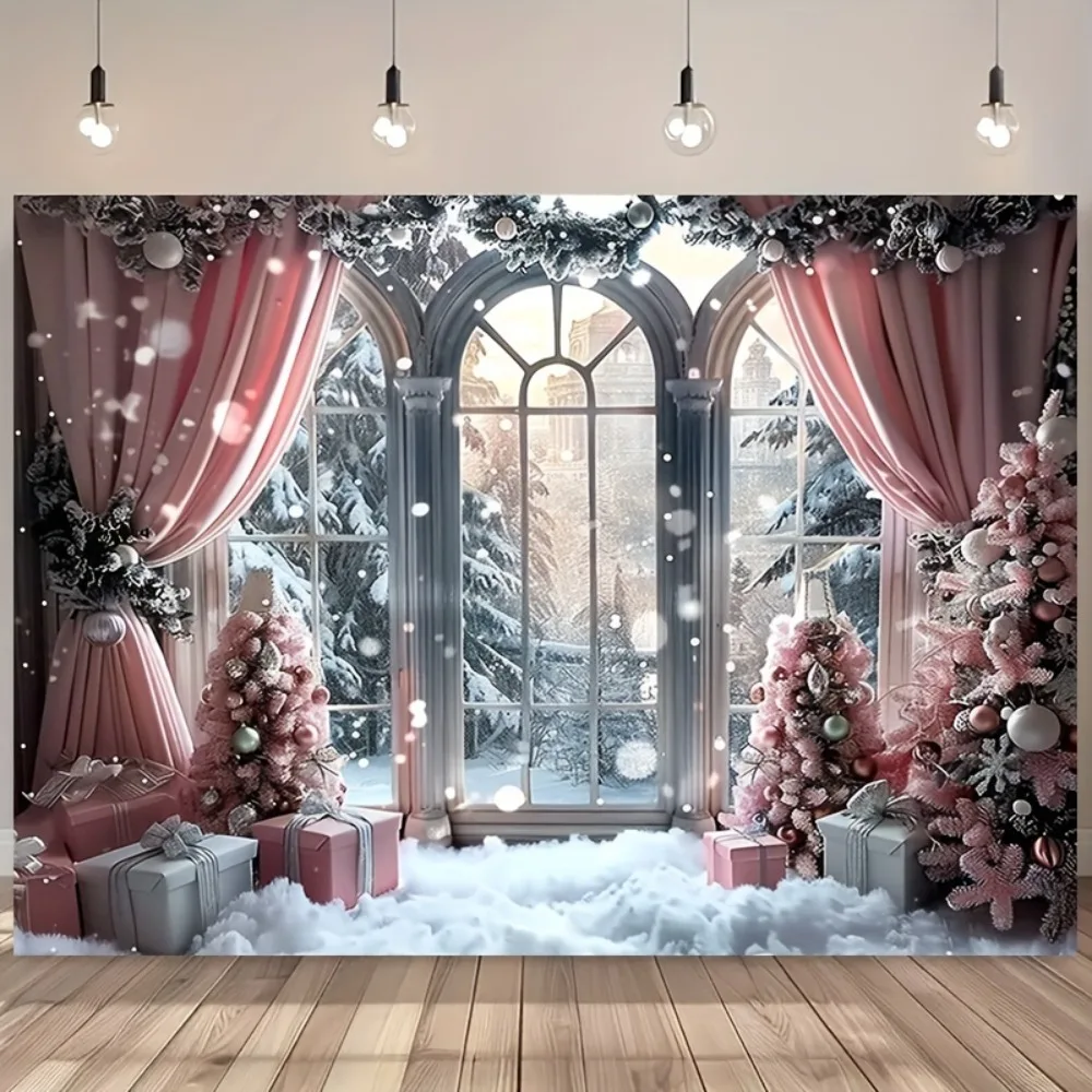 Pink magic charming snow background Christmas tree and gifts suitable for living room, outdoor decoration