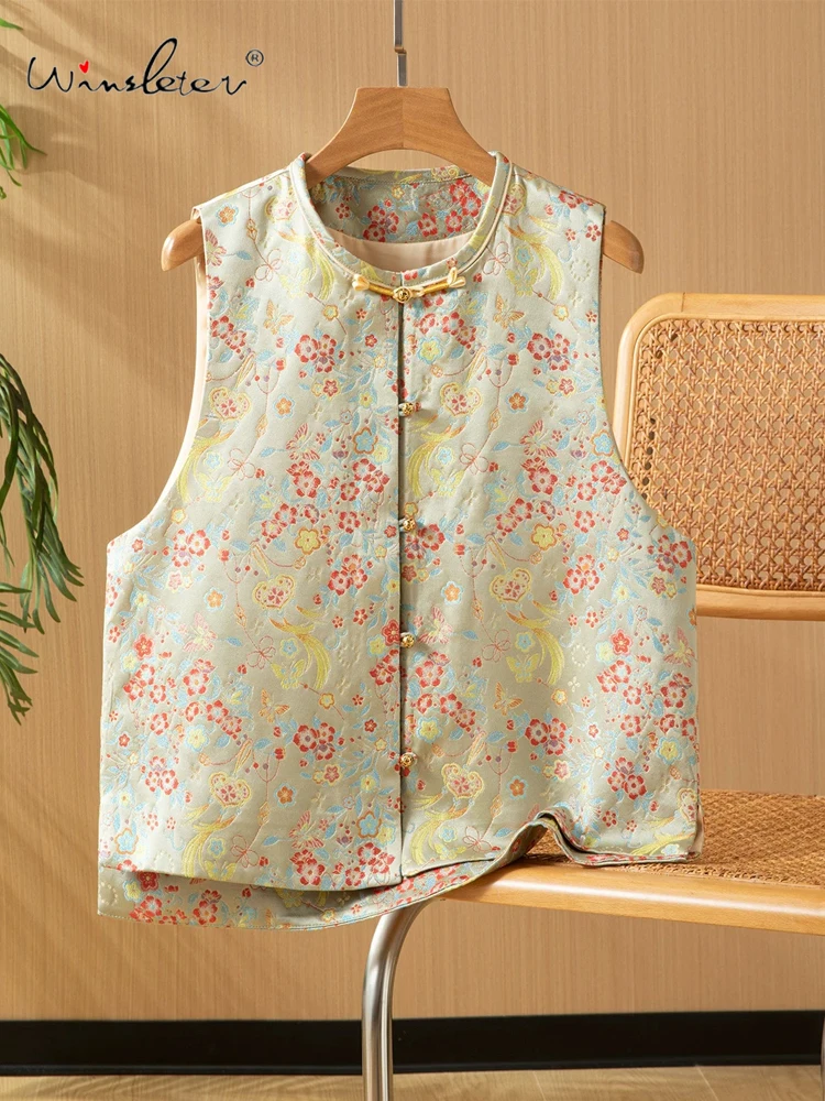 

Winsleter-100%Real Silk Song Brocade Elegant Vest Coat, O Neck Floral, Women Temperament Chic Waistcoat, 2026 Spring C61031CC