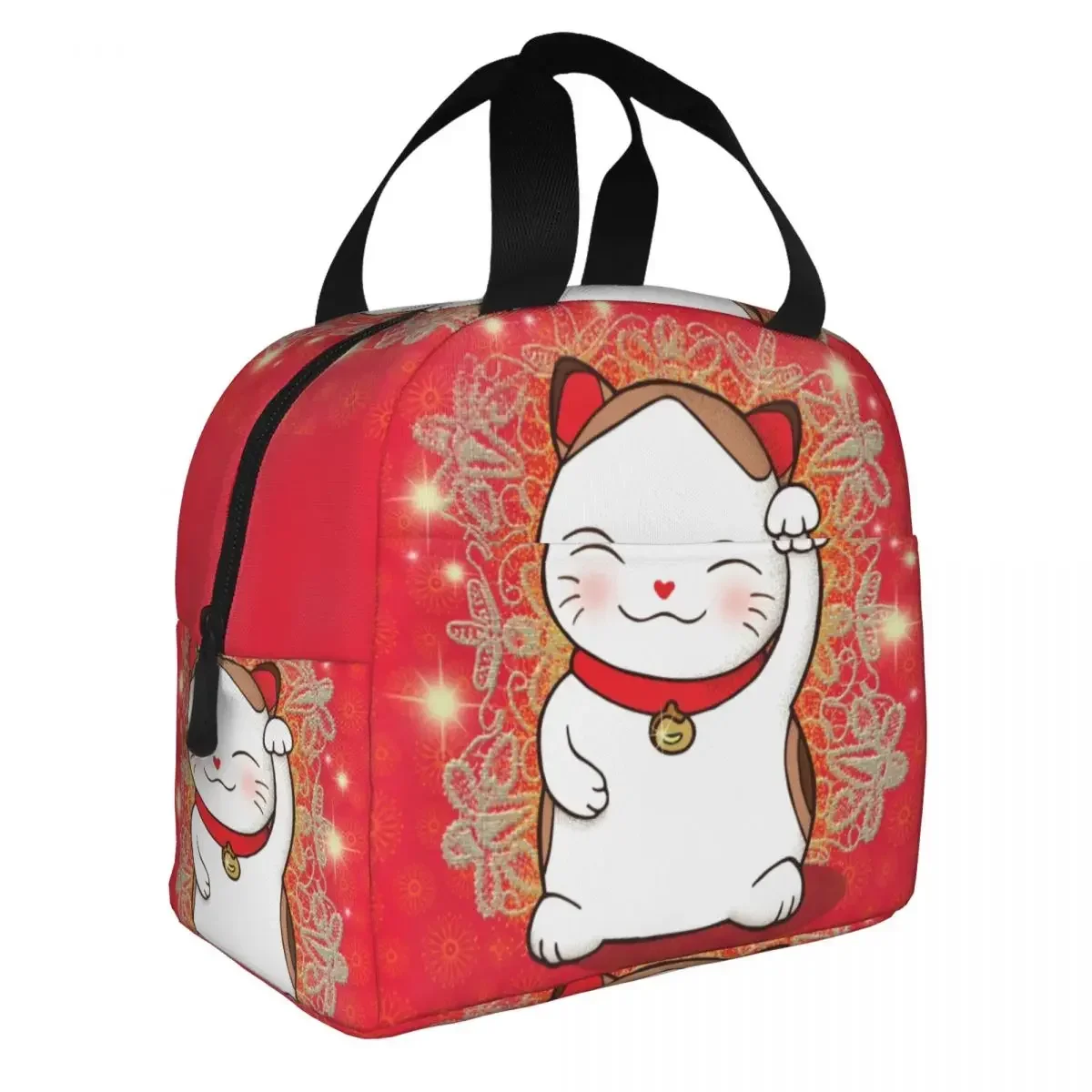 Cute Maneki Neko Waving Insulated Lun Tote Bag for Women Japanese Lucky Cat Resuable Thermal Cooler Bento Box Camping Travel