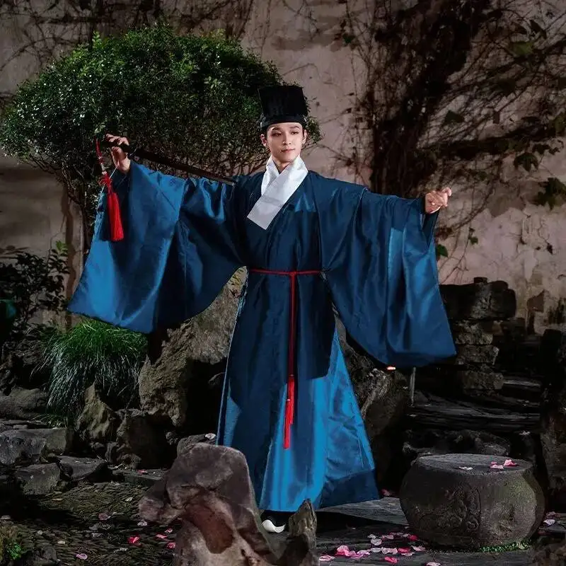 Traditional Hanfu Dark Flower Gauze Large Sleeve Ming Dynasty Style Dao Robe Chinese Hanfu Male Ancient Student Vintage Costume - view 6