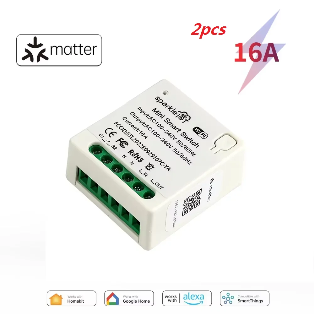 Werk met Matter 16A WiFi mini Smart Switch Pass-through Disconnect Dual Control Outletorks Afstandsbediening Timer HomeKit Alexa