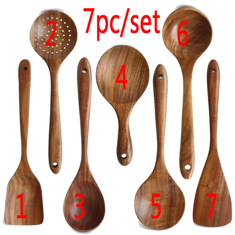 1-7pc teak natural wood tableware spoon spoon turner long rice colander soup skimmer cooking spoon spoon kitchen tool set