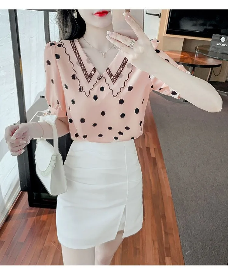 Mulheres Blusa Primavera Verão Coreano Moda Estilo Casual Impressão Dots Camisa Manga Curta Ruffles Collar Blusas Tops Roupas