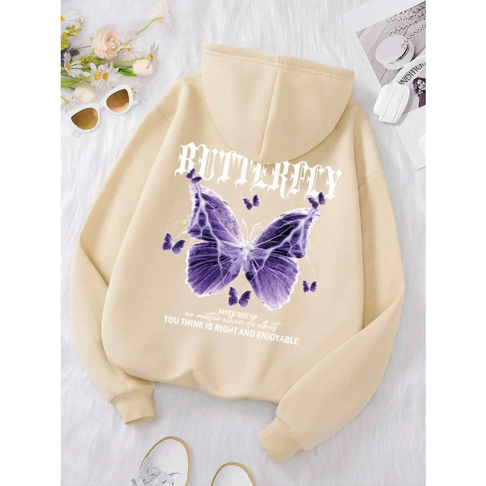 

Beautiful Purple Butterfly Printing Hoodies Women Fleece Pocket Hoody Simple Casual Hoodie Autumn Loose Female Streetwear