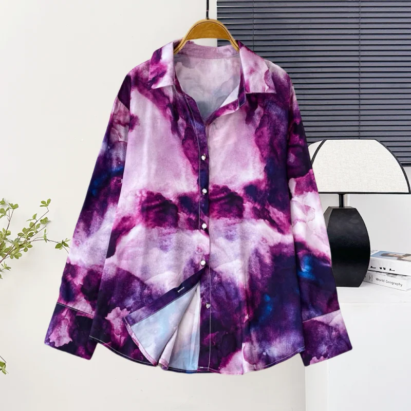 

New,European,Clothes,Loose,Blouse,Chic,Sexy,Polo collar,Print,Tie-dye,Single-breasted,Women,Long Sleeve,Shirt,Casual,Tops,57003