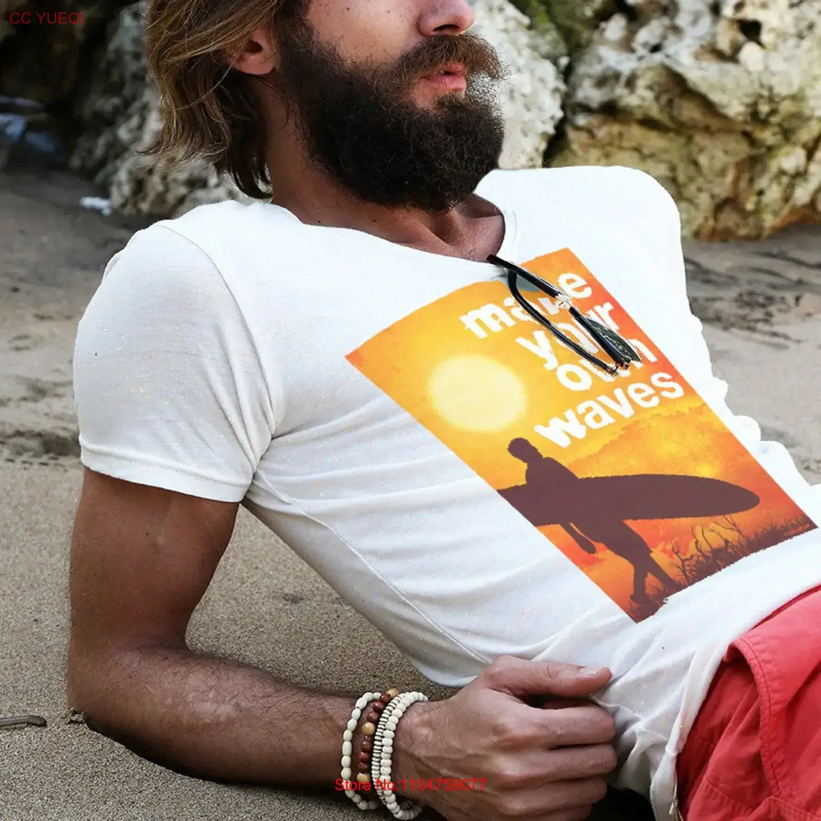 Make Your Own Waves Surf T Shirt Inspirational Sunset Surfboard Streetwear Summer for Him or Her Bold Top vintage Washed