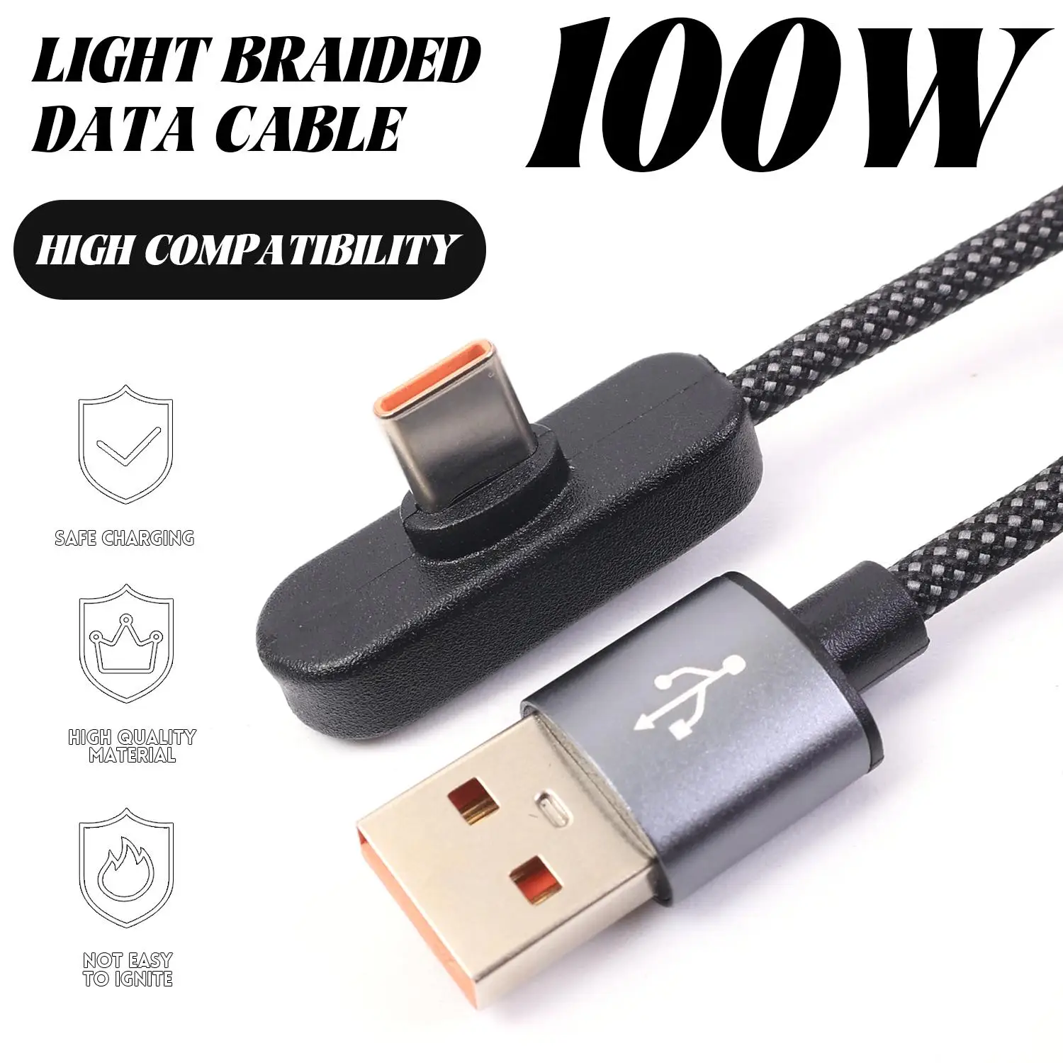 

USB A to Type C Fast Charging Cable 90 Degree Elbow Data Cord For iPhone iPad Samsung MI laptop Universal USB-C Charger Line