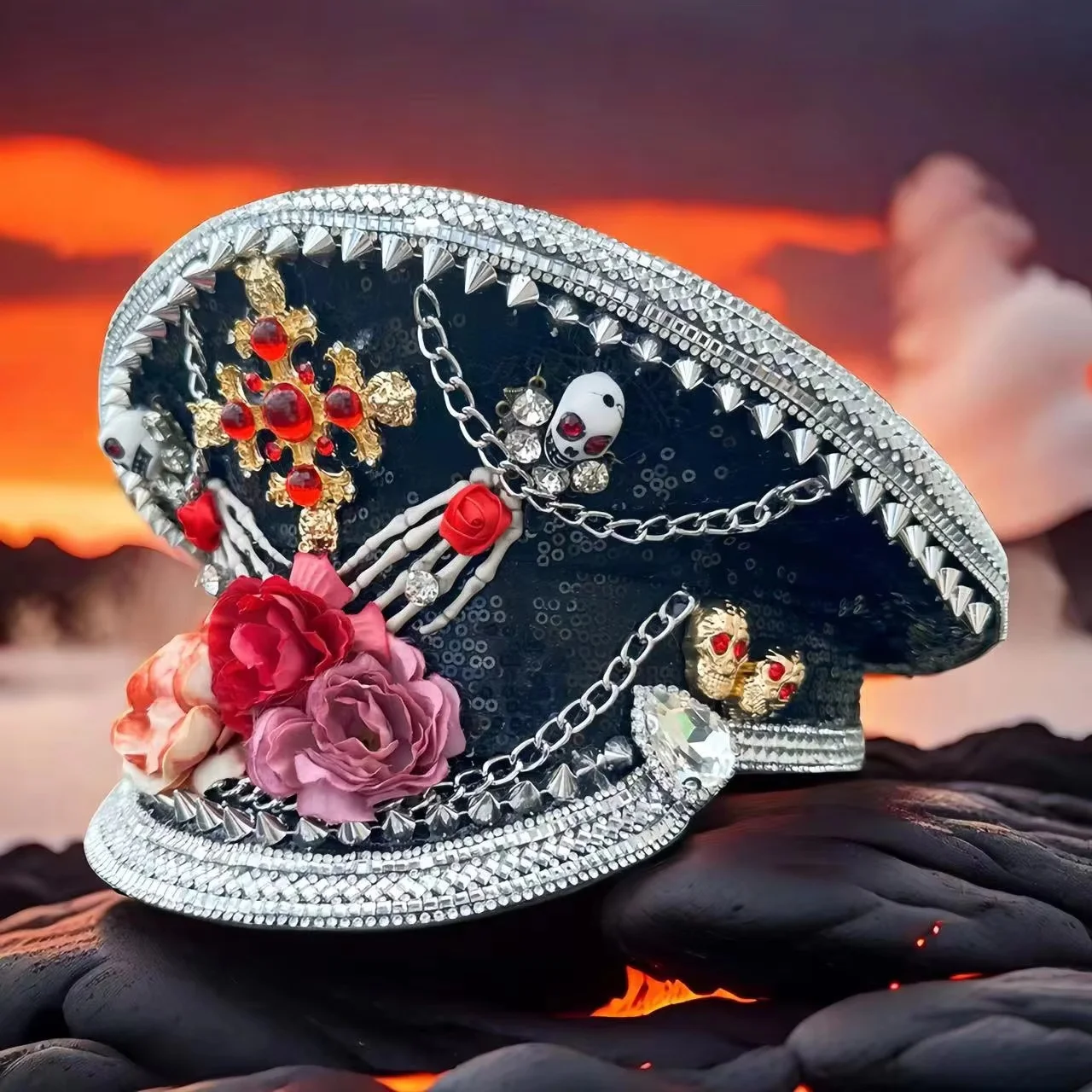 HongLuan  Halloween Costume Hat, Captain Hats Rhinestone for Burning Man Festival Woman, Cosplay Female Accessories